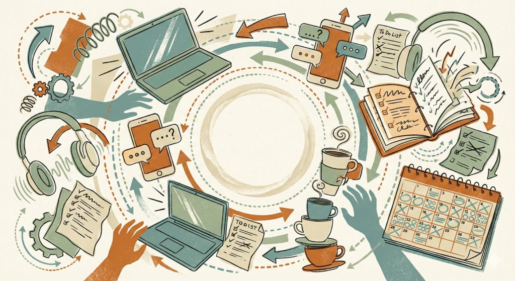 Mid-century illustration showing overlapping busy objects like laptops, phones, and planners crowding around an empty center space, representing how constant busyness blocks spiritual growth by avoiding stillness