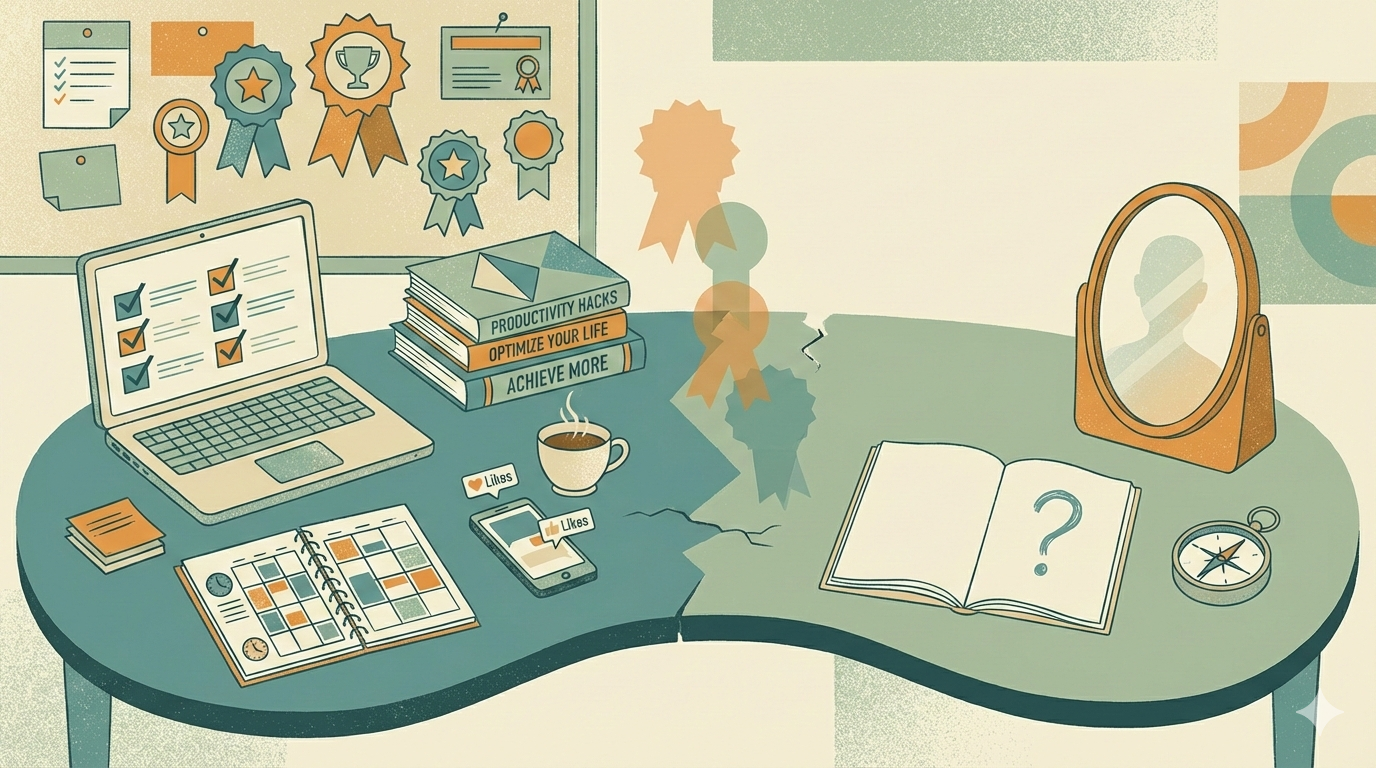 Mid-century modern illustration showing a desk split between achievement symbols and empty space, representing the gap between external success and spiritual growth through inner alignment. 
