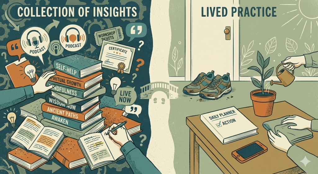 Split-panel illustration contrasting accumulated spiritual growth books and insights on left with minimal daily actions on right, showing how collecting knowledge without integration blocks spiritual growth